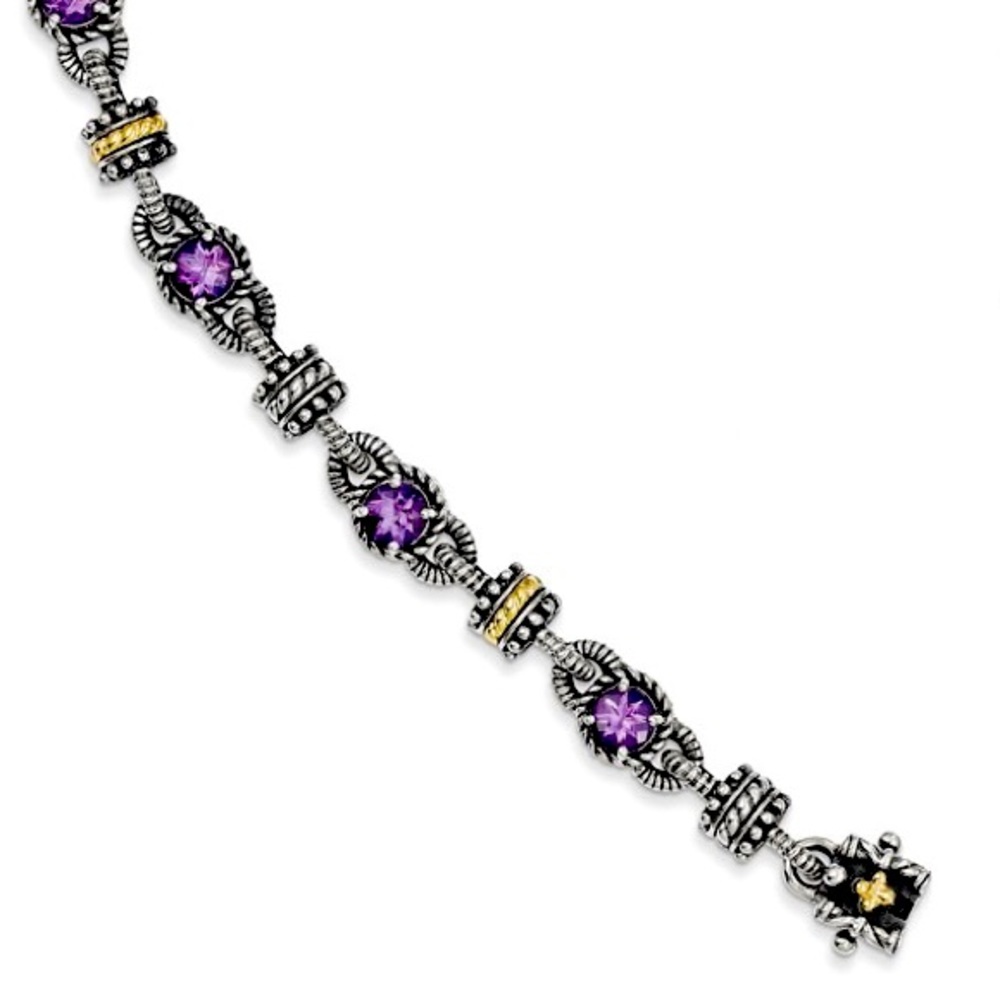 925 Sterling Silver 14K Accent Amethyst Bracelet